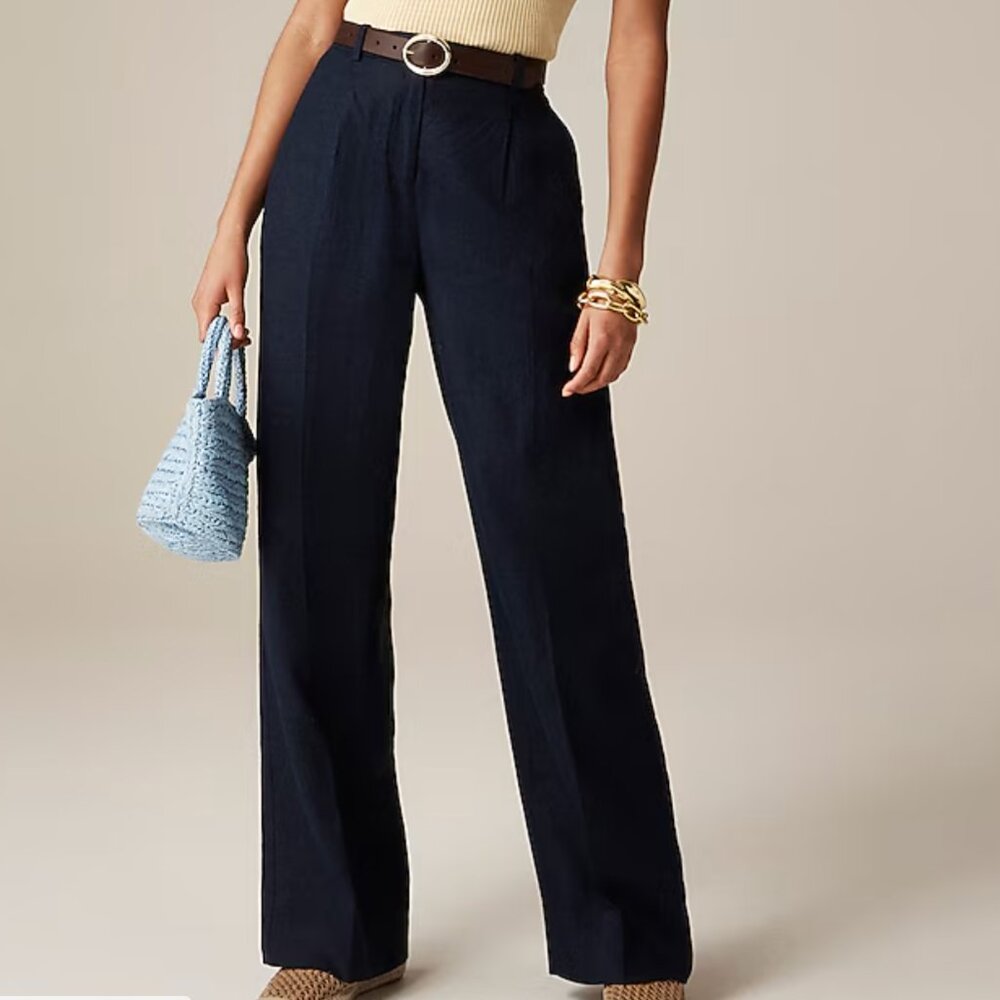 NWT J. Crew Navy Blue Linen Essential Wide Leg Pant